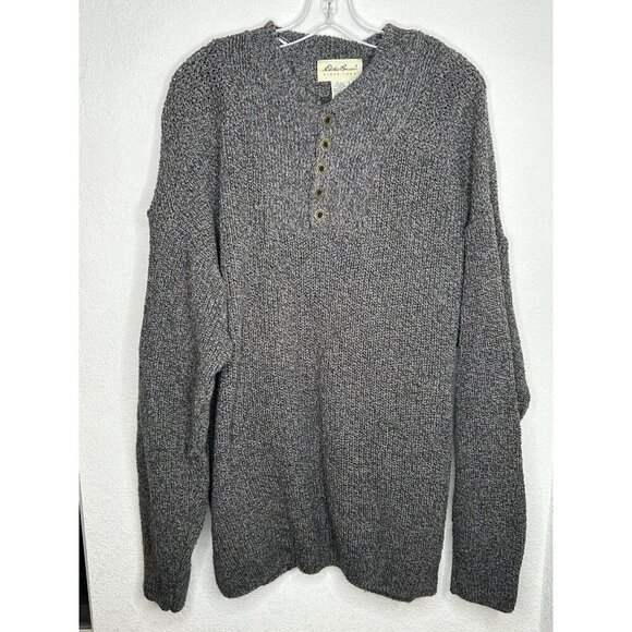 Eddie Bauer Sweater Mens Extra Large Gray Chunky Cable Knit Fisherman Henley XL - Picture 2 of 11